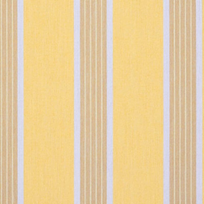 Vertical striped wallpaper: wide pale yellow panels alternating with narrower beige panels edged by thin pale blue and white pinstripes; close-up, evenly lit, filling the frame with no other features.