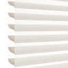 Sheer-and-opaque horizontal zebra blinds, lowered and aligned, alternating beige opaque and white translucent bands; filtering soft daylight in a bright, minimal close-up interior view.