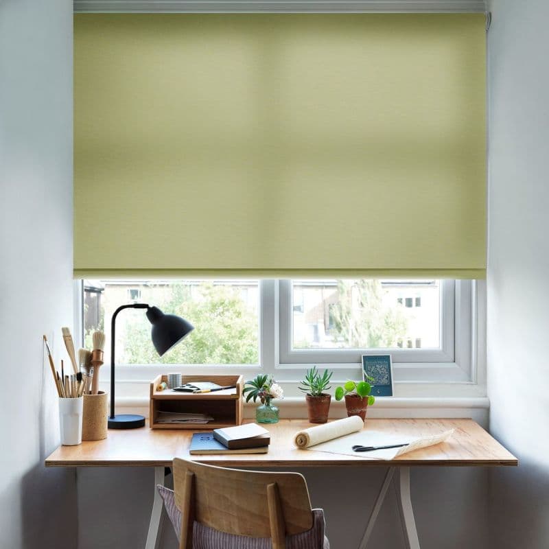 Pale green roller blind, lowered across the window, translucent and blocking the view; filtering soft daylight. Below, a tidy wooden desk with a lamp, brushes, notebooks and potted plants.