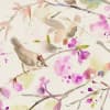 Small brown bird with a small red crest perches on a delicate twig, tilting forward; loose watercolor branches and pink–purple blossoms scatter across a pale, softly washed background.