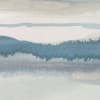 Bands of muted blue-gray pigment form layered, hill-like shapes, bleeding and blending across textured paper, suggesting misty horizons and calm water reflections in a minimalist abstract landscape.