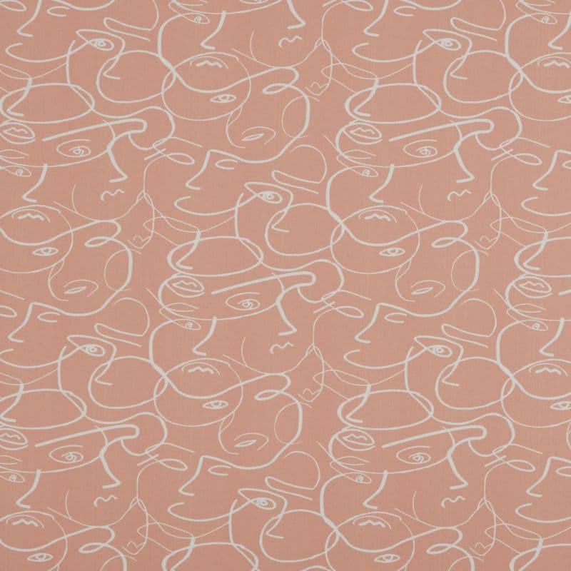 Muted peach fabric printed with overlapping continuous-line white faces; pattern repeats across the surface, close-up flat view with even lighting, abstract decorative textile.