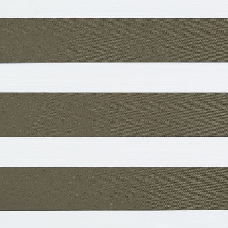 Zebra-style horizontal blinds showing alternating wide olive-gray opaque and white bands, aligned flat and covering an unseen window, creating a patterned screen in even, neutral lighting.