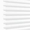 White horizontal sheer zebra blinds mounted over a window, alternating opaque and translucent bands; partially closed, filtering bright daylight into a minimal, evenly lit interior.