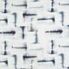 Abstract fabric or wallpaper patterned with horizontal and vertical indigo brushstrokes — blurred, bleeding edges — forming a loose grid on a soft white background with cool gray-blue tones.