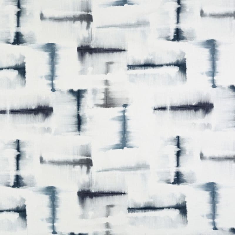 Abstract fabric or wallpaper patterned with horizontal and vertical indigo brushstrokes — blurred, bleeding edges — forming a loose grid on a soft white background with cool gray-blue tones.