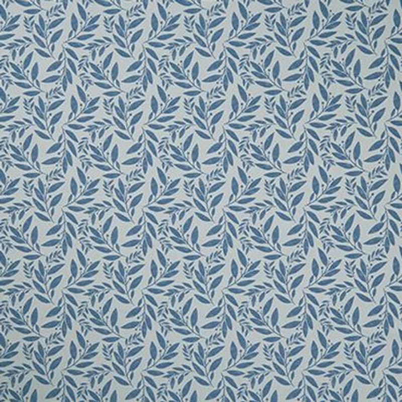 Wallpaper featuring dense repeating blue leaf sprigs on a pale gray background, covering the surface in a uniform botanical pattern; flat, evenly lit close-up suggesting decorative wall covering or fabric.
