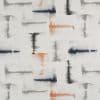 Abstract fabric pattern of rectangular blurred brushstrokes (navy, gray, rust) across a white background; strokes appear water‑bled and horizontally/vertically smudged; evokes modern textile or wallpaper.