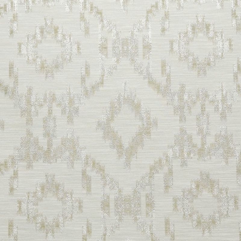 Textured beige-and-cream ikat-patterned wallpaper, repeating diamond motifs; covering a flat wall surface; shown as a close-up swatch with soft, even lighting in a neutral interior context.