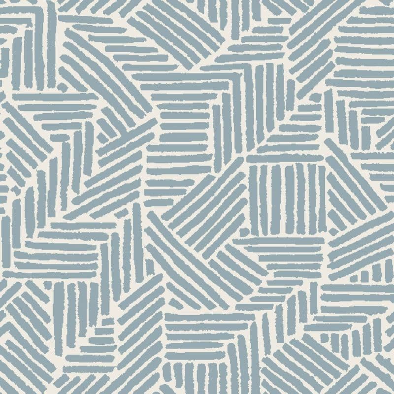Textured wallpaper featuring short, sky-blue brushstroke stripes arranged in interlocking diagonal and horizontal blocks; pattern repeats across an off-white background, shown as a flat, evenly lit surface.