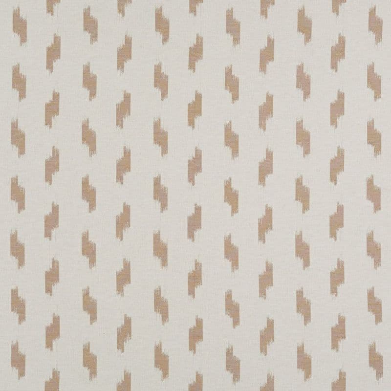 Woven, linen-like fabric patterned with small staggered beige brushstroke motifs; repeating in a regular grid across a pale, textured surface under neutral lighting.