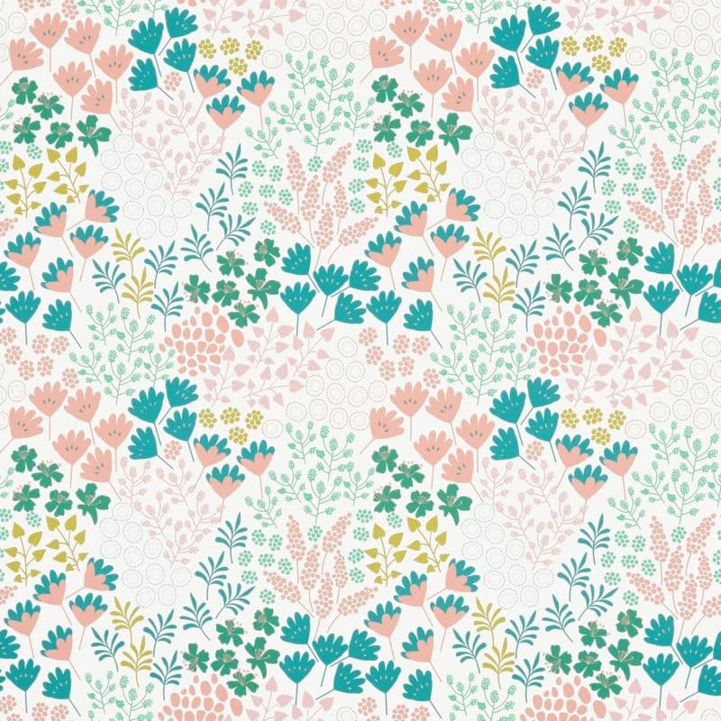 Floral patterned wallpaper — repeating stylized pink, teal and olive blossoms and foliage covering a white surface; bright, evenly lit decorative background suggesting a cheerful interior setting.