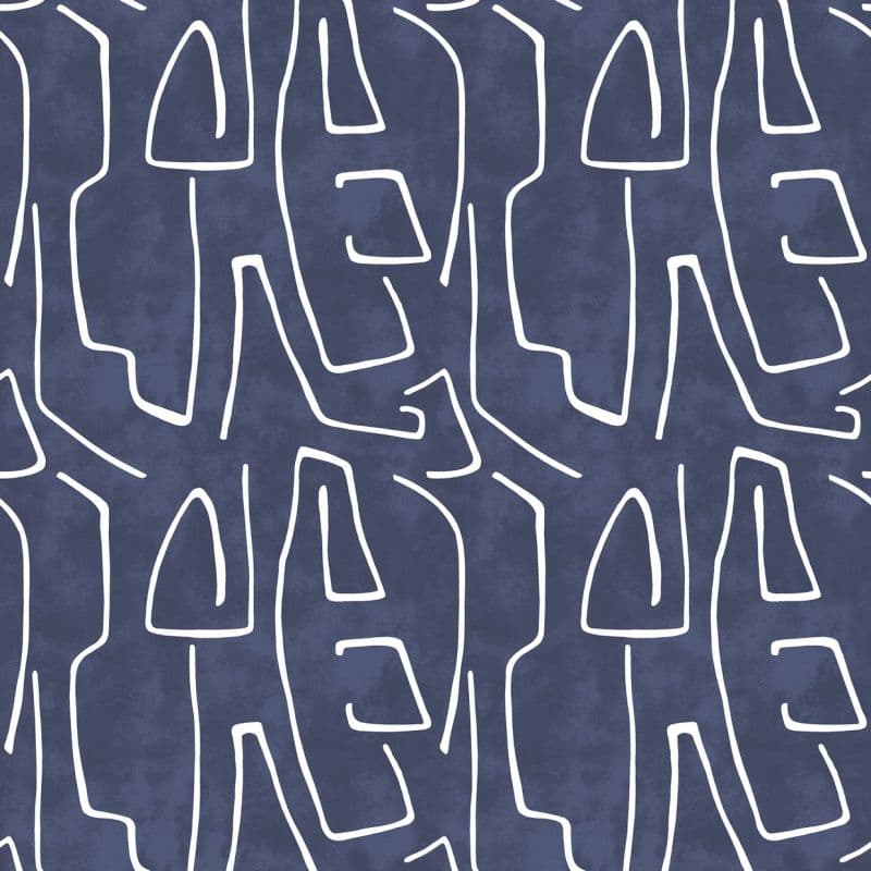Navy textile with irregular white outlined shapes forming a continuous repeating pattern across the surface, presented as matte wallpaper or fabric with subtle shading and even lighting.
