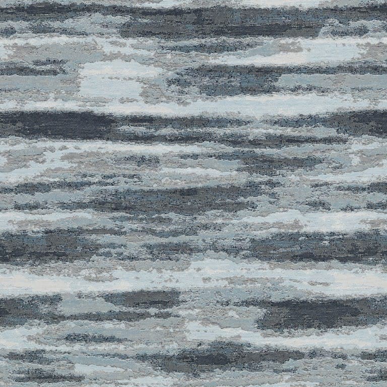 Abstract woven fabric swatch with horizontal painterly streaks in blue, gray, and beige; pattern forms irregular layered bands across the surface; flat, evenly lit, textile-like sample.