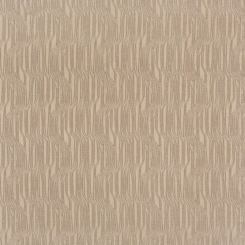 Beige textured wallpaper covering a wall, featuring repeating vertical wavy stitched lines; pattern creates a subtle ribbed relief; close-up under soft, neutral interior lighting.