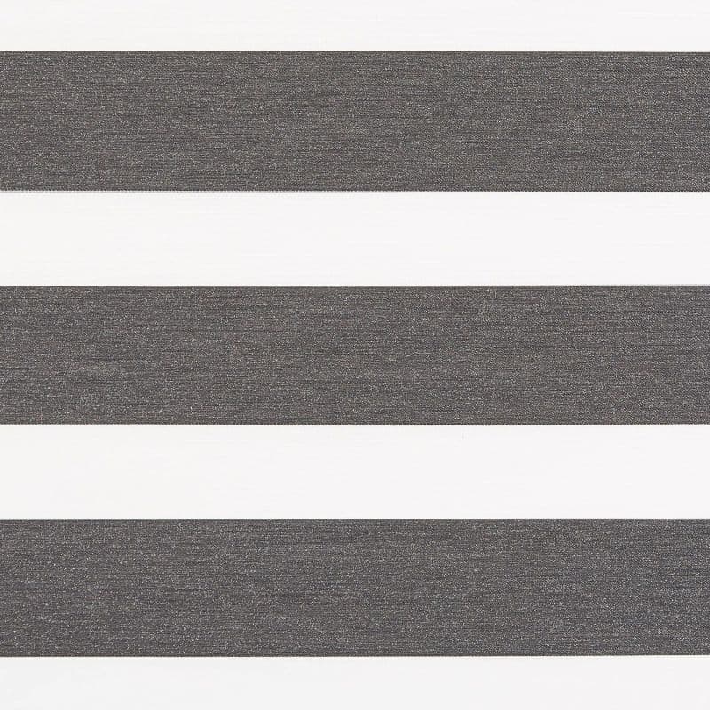 Zebra roller blind spanning the frame, alternating charcoal textured opaque and white sheer horizontal bands; aligned to filter and block light, mounted over a bright, neutral-lit window.