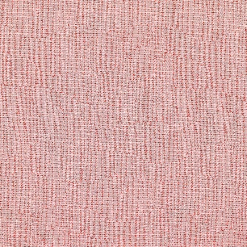 Pink woven textile with irregular vertical white threads forming thin stripes; fabric lies flat as a close-up swatch under even, diffuse lighting, revealing coarse woven texture.