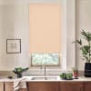 Beige roller blind partially lowered over a kitchen window; stainless faucet over double sink on marble countertop, flanked by potted plants, a bowl of greens, and a framed sketch.