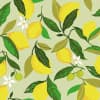 Yellow lemons hang from leafy green branches, some with white blossoms and small green fruits, arranged in a dense repeating pattern against a pale green background.