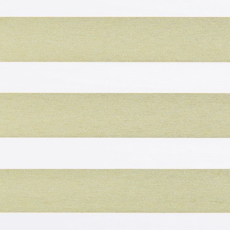 Dual-layer zebra roller blind across a window, featuring wide textured beige opaque bands alternating with sheer white stripes; aligned to partially filter light, suggesting a bright, minimal interior.