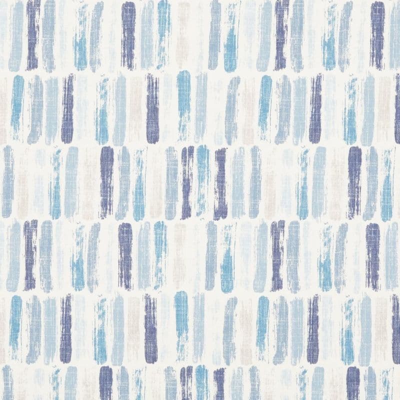 Repeating vertical brushstroke pattern on wallpaper or fabric: staggered textured blue, navy, and pale gray strokes forming rhythmic columns on a white background in diffuse light.