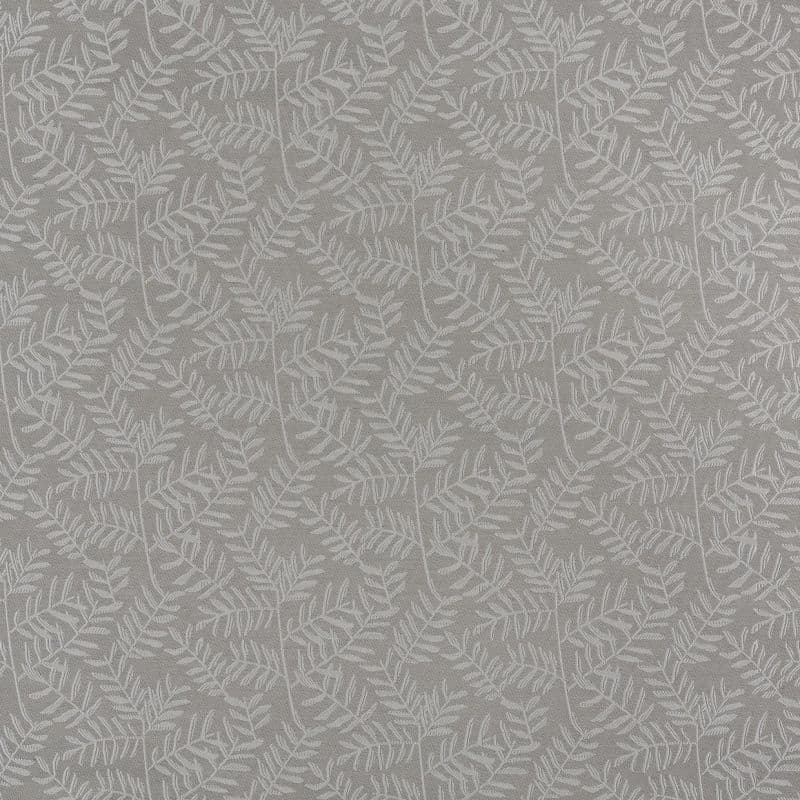 Textured grey wallpaper with repeating white fern-leaf motif; covers the surface uniformly; creates a subtle botanical, neutral-toned decorative backdrop in soft, even lighting.