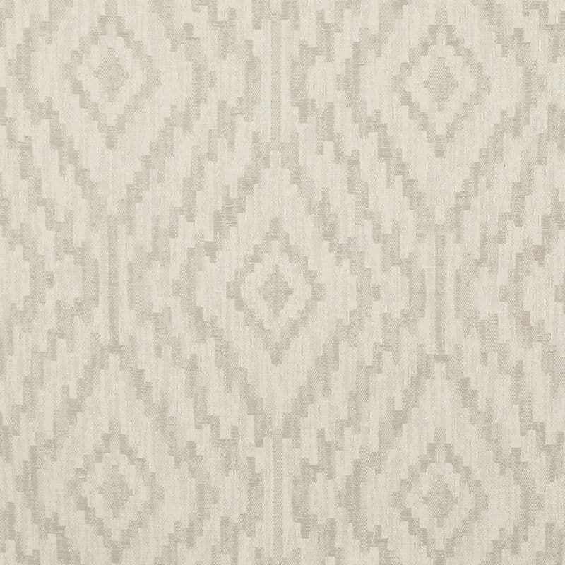 Beige woven fabric or wallpaper with stepped ikat diamond pattern, repeating across the surface; muted tones and subtle texture create a softly lit, neutral background suitable for interiors.
