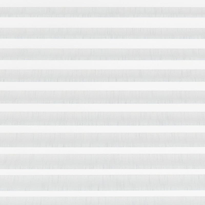 Zebra roller blind covering a window, horizontal alternating translucent and opaque fabric bands, aligned to filter soft daylight across a neutral, evenly lit interior.
