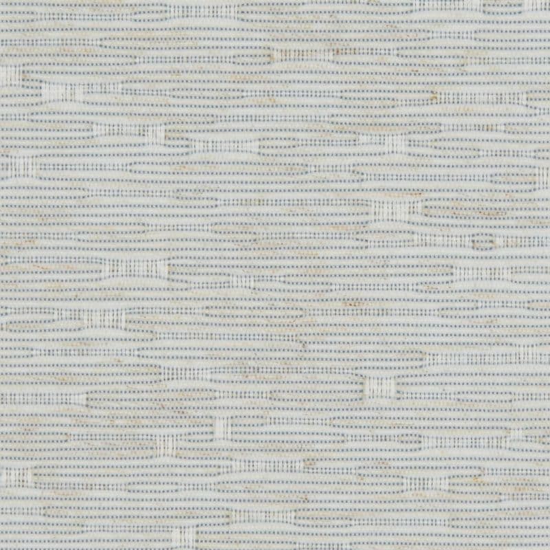 Handwoven pale beige fabric with thin blue horizontal stripes and elongated oval stitch motifs, creating a textured, interlaced pattern in a close-up, evenly lit view.