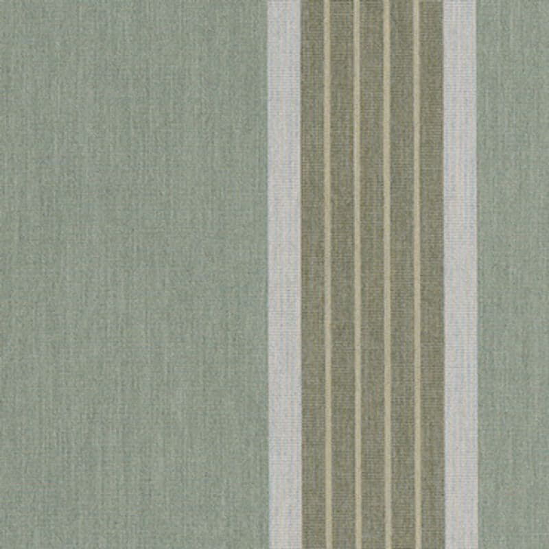 Vertical striped fabric panel hung at right (narrow olive and beige ribs bordered by thin white bands) against a muted green textured field; soft even lighting on wall or drapery.