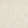 Cream wallpaper with white, raised swirling floral damask pattern — repeating vines and leaves cover the surface — interior wall or fabric panel in soft, even lighting, neutral decorative setting.