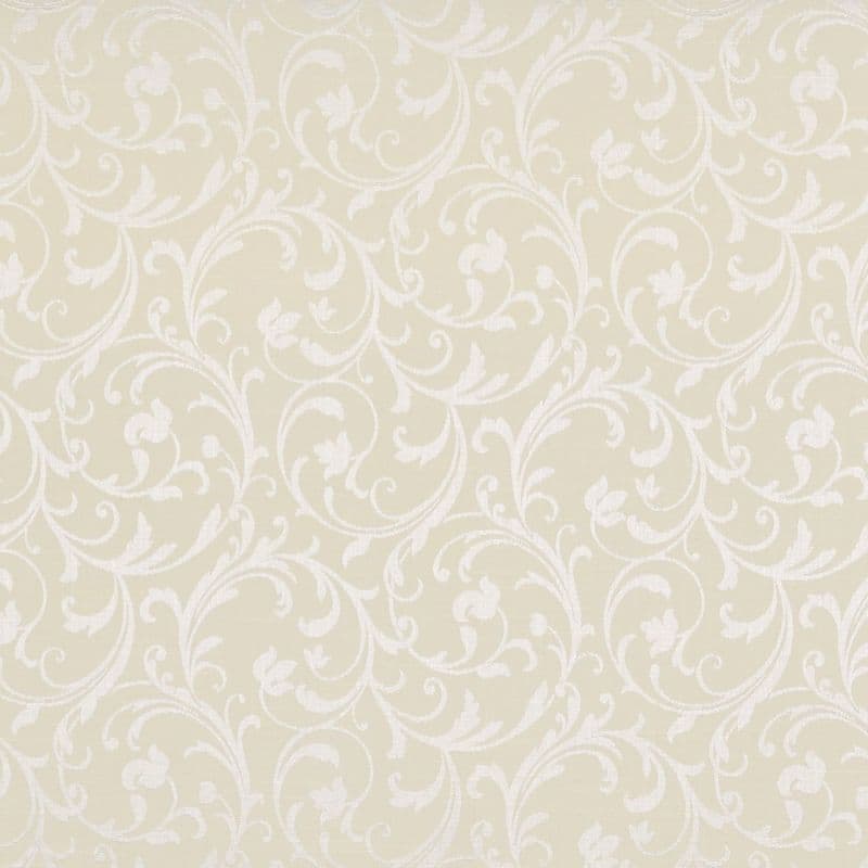 Cream wallpaper with white, raised swirling floral damask pattern — repeating vines and leaves cover the surface — interior wall or fabric panel in soft, even lighting, neutral decorative setting.