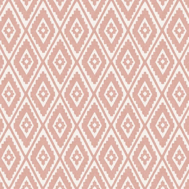 Dusty-pink and white diamond-patterned wallpaper, stepped-edge motifs repeating across the surface, covers the entire flat wall, evenly lit close-up with no visible furnishings or windows.