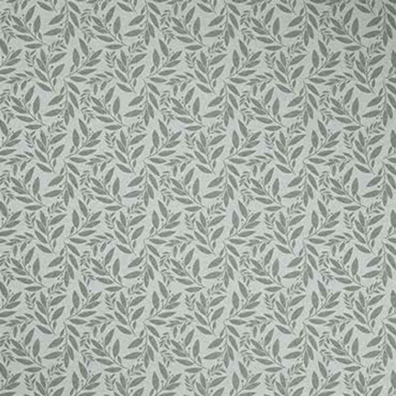 Wallpaper: repeating small gray-green leaf motif covering an entire surface; pattern repeats uniformly, creating subtle botanical texture on a softly lit interior wall.