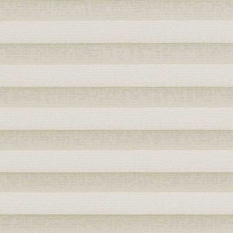 Layered horizontal cellular blind, beige and cream textured bands covering window; closed, filtering soft light; neutral interior setting with diffuse daylight and minimal visual detail.