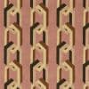 Geometric wallpaper featuring vertical, interlocking chain motifs in cream, brown, and black on a dusty-rose background; pattern repeats uniformly across a flat, evenly lit wall surface.