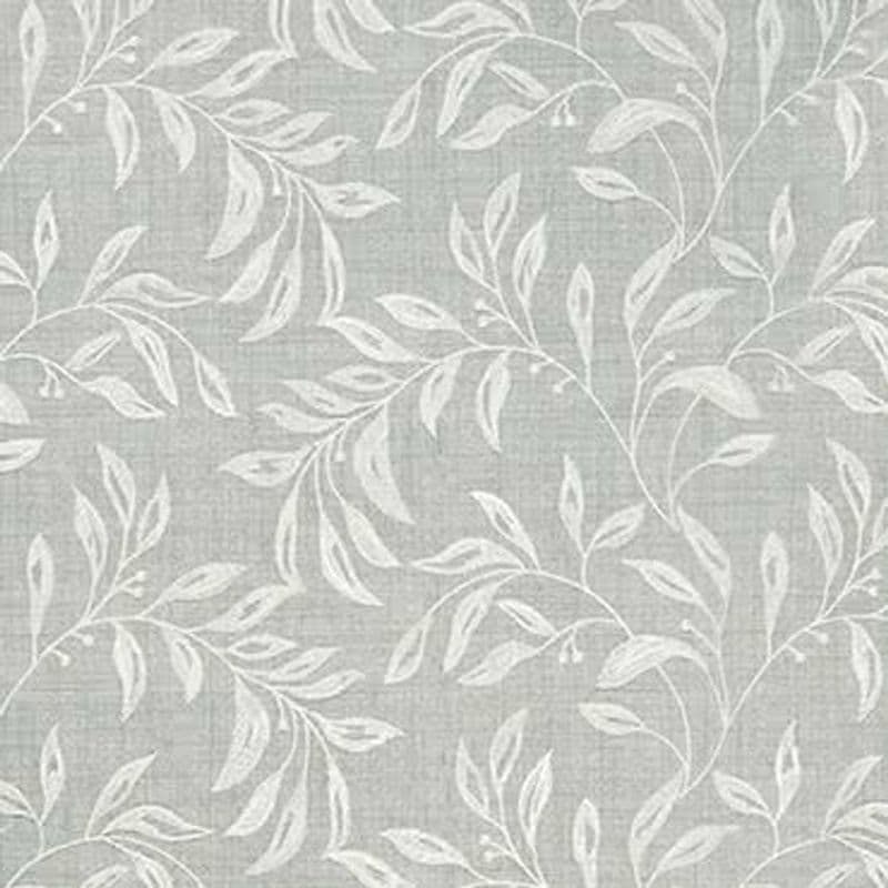 Gray linen-textured wallpaper with repeating white leafy vine pattern; decorating and covering a wall surface; shown close-up under even, soft diffuse lighting as a fabric-like sample.