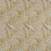 Decorative wallpaper with large cream, star-shaped botanical leaves and slender striped fronds — repeating across the surface — creating a dense, vintage-style floral pattern on a muted mustard-gold background.