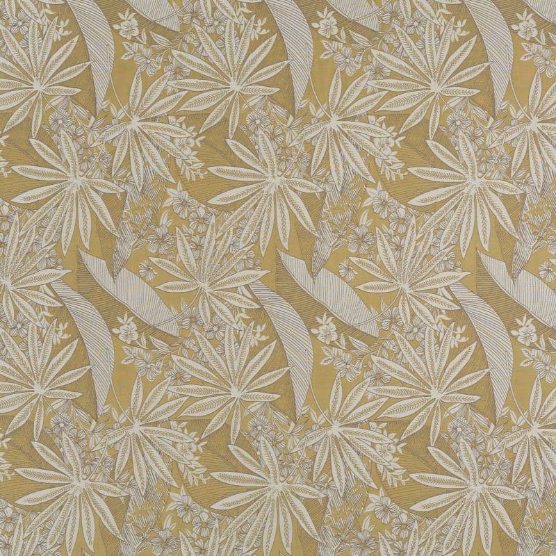 Decorative wallpaper with large cream, star-shaped botanical leaves and slender striped fronds — repeating across the surface — creating a dense, vintage-style floral pattern on a muted mustard-gold background.