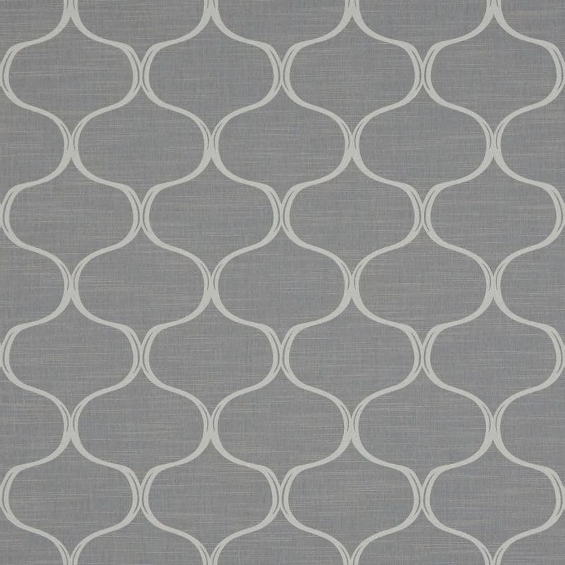 Grey textured wallpaper with overlapping white arabesque trellis pattern; pattern repeats uniformly across the surface; close-up view of a subtle, contemporary interior wall covering.