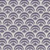Purple fan-shaped motifs repeat across a beige textured background, forming staggered scalloped rows; each semicircle contains smaller arches and a tulip-like central element, resembling woven fabric.