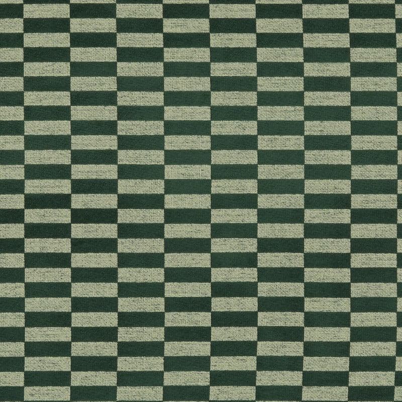 Textured woven fabric with alternating dark green and beige rectangular bands forming a tight checkerboard, repeating across a flat, evenly lit close-up surface.