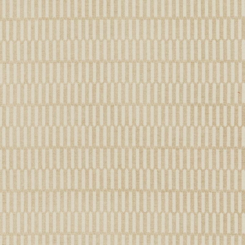 Beige wallpaper with staggered vertical rounded-rectangle motifs arranged in horizontal rows (textured, woven appearance) — repeating uniformly across a wall under soft, neutral indoor lighting.
