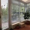 White horizontal Venetian blinds cover tall bay windows and a glass door, with black bird-silhouette stickers, partially closed and filtering daylight; conservatory with potted plants, patterned ottoman and garden view.