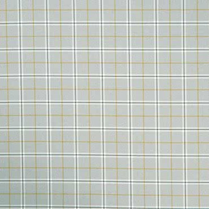 Light-gray plaid fabric with thin white, black, and pale mustard grid lines; lying flat and covering the frame; close-up, evenly lit, showing a repeating square pattern without visible surroundings.
