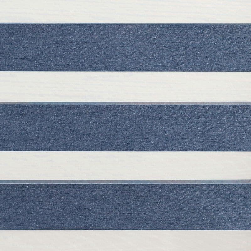 Zebra roller blind with wide navy-blue textured and white sheer horizontal bands, alternating to filter light, mounted indoors under soft ambient lighting with no visible outside view.