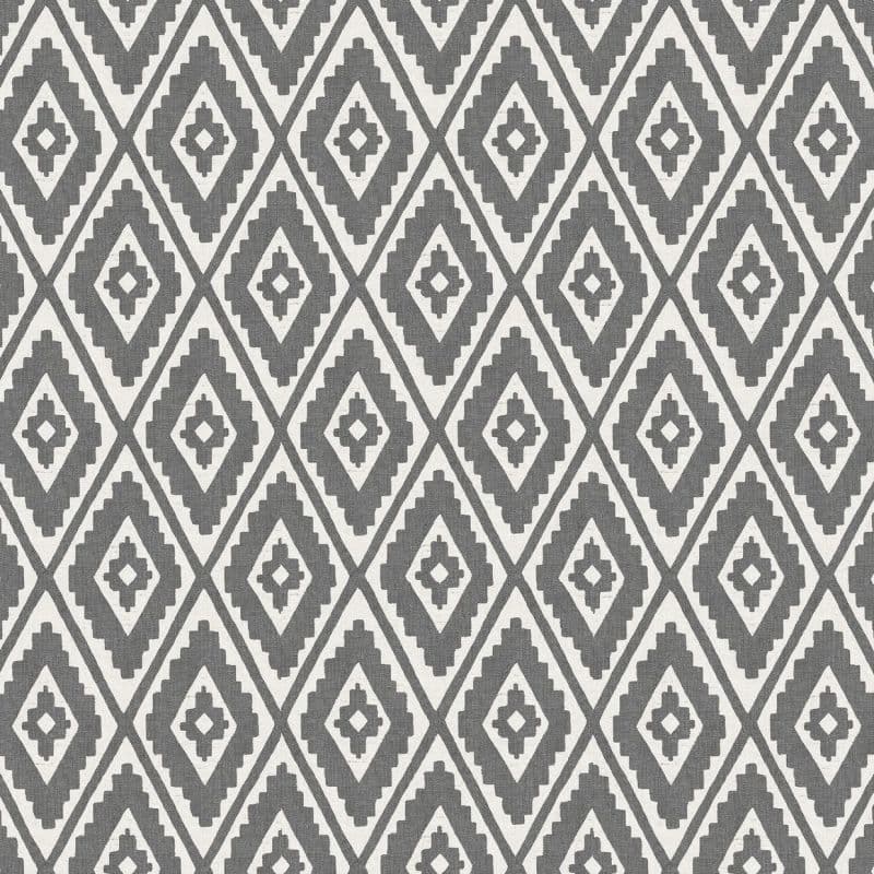 Gray-and-white geometric diamond wallpaper covering a flat surface, repeating stepped motifs in a tight grid; appears textured woven, neutral lighting, suitable as interior wall or upholstery fabric.