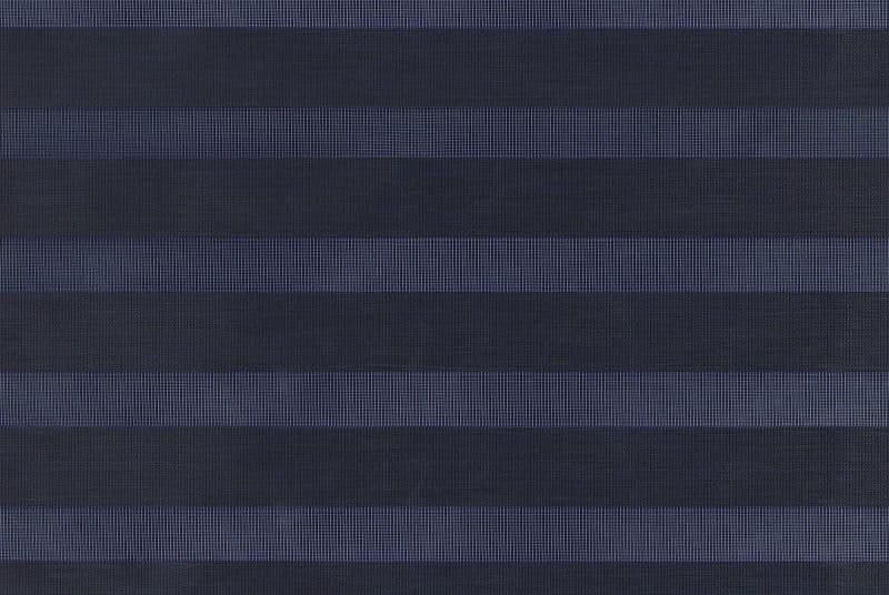 Zebra-style horizontal blinds with alternating opaque dark and sheer fine-mesh stripes; aligned and partially filtering daylight; covering a window, creating cool, even, dim ambient light.