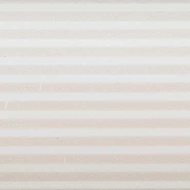 Horizontal beige-and-white striped fabric blind, fully lowered and closed, softly filtering daylight into a neutral, evenly lit interior space.