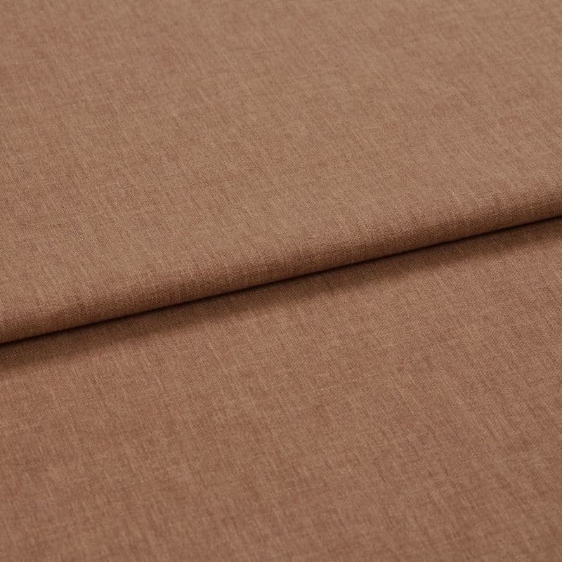 Brown woven fabric, folded once creating a horizontal overlap, showing fine heathered texture and tight weave; lying flat on a neutral surface under soft, even studio lighting, close-up view.